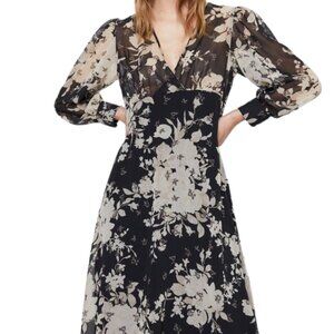 ZARA Floral V-Neck Midi Dress Black Cream Long Sleeve Sheer Chiffon Flowy XS